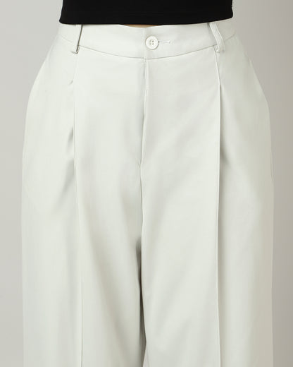 Women’s Off-White Pleated Wide-Leg Korean Pants - 3048