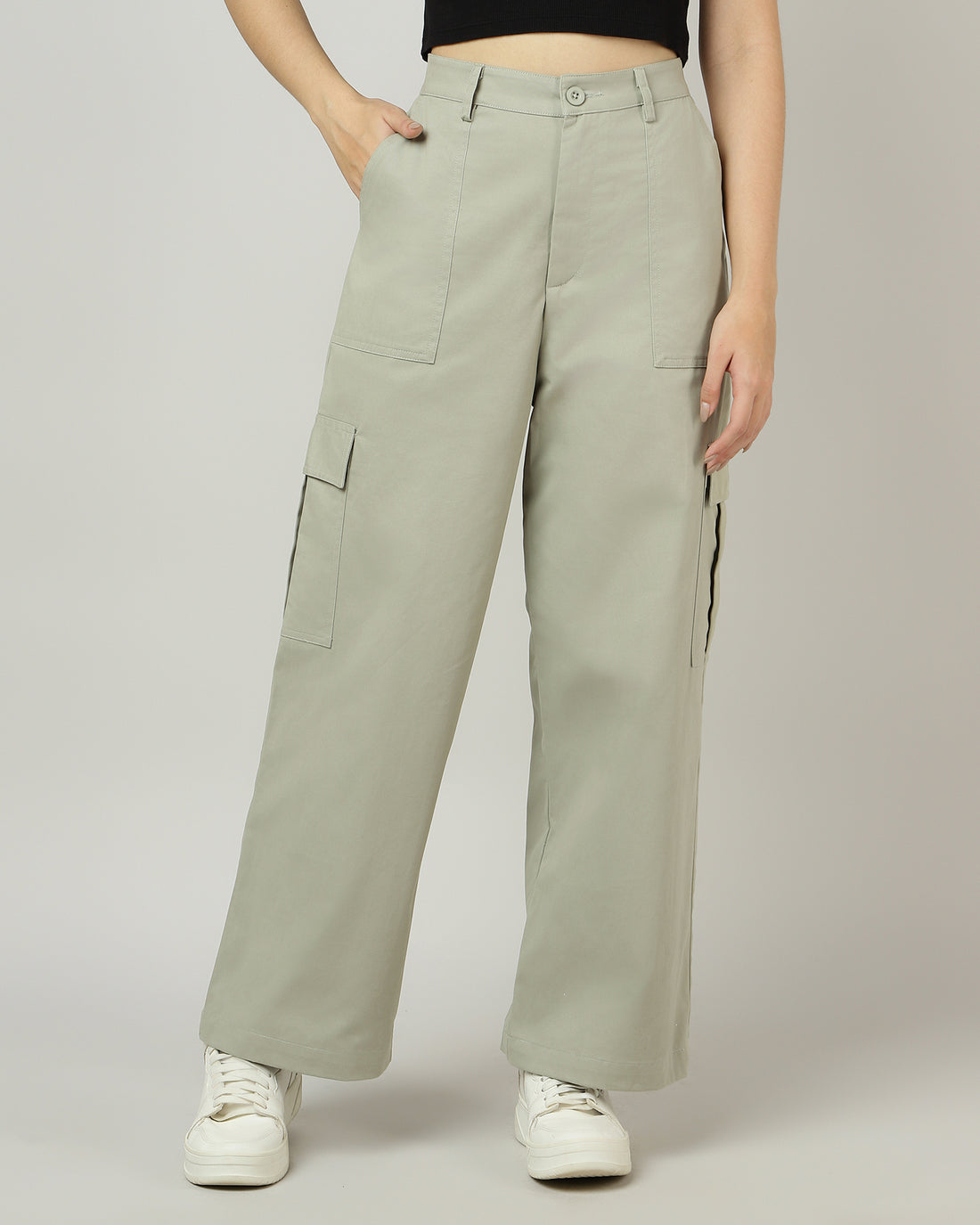 Women’s Sage Green Wide-Leg Cargo Pants with Flap Pockets - 3052