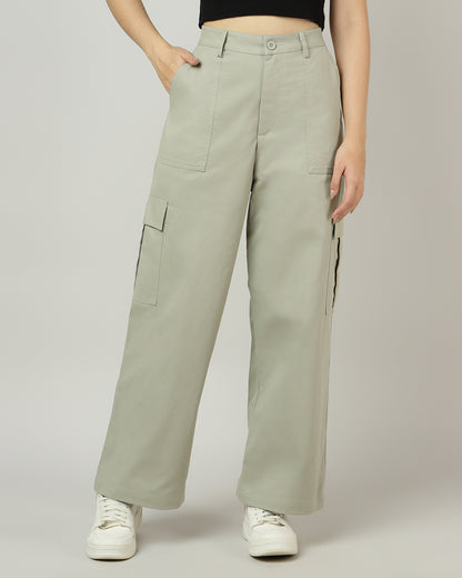 Women’s Sage Green Wide-Leg Cargo Pants with Flap Pockets - 3052
