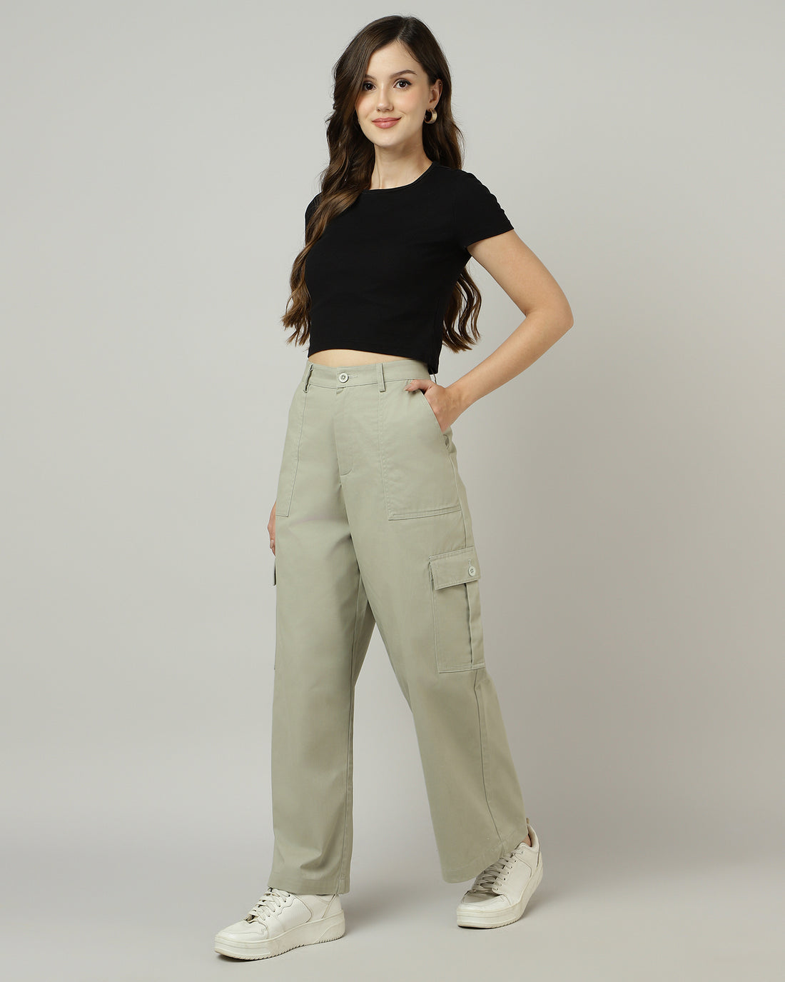 Women’s Sage Green Wide-Leg Cargo Pants with Flap Pockets - 3052