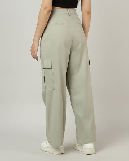 Women’s Sage Green Wide-Leg Cargo Pants with Flap Pockets - 3052