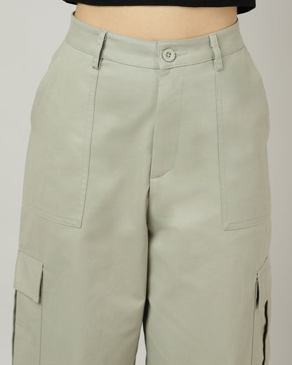 Women’s Sage Green Wide-Leg Cargo Pants with Flap Pockets - 3052