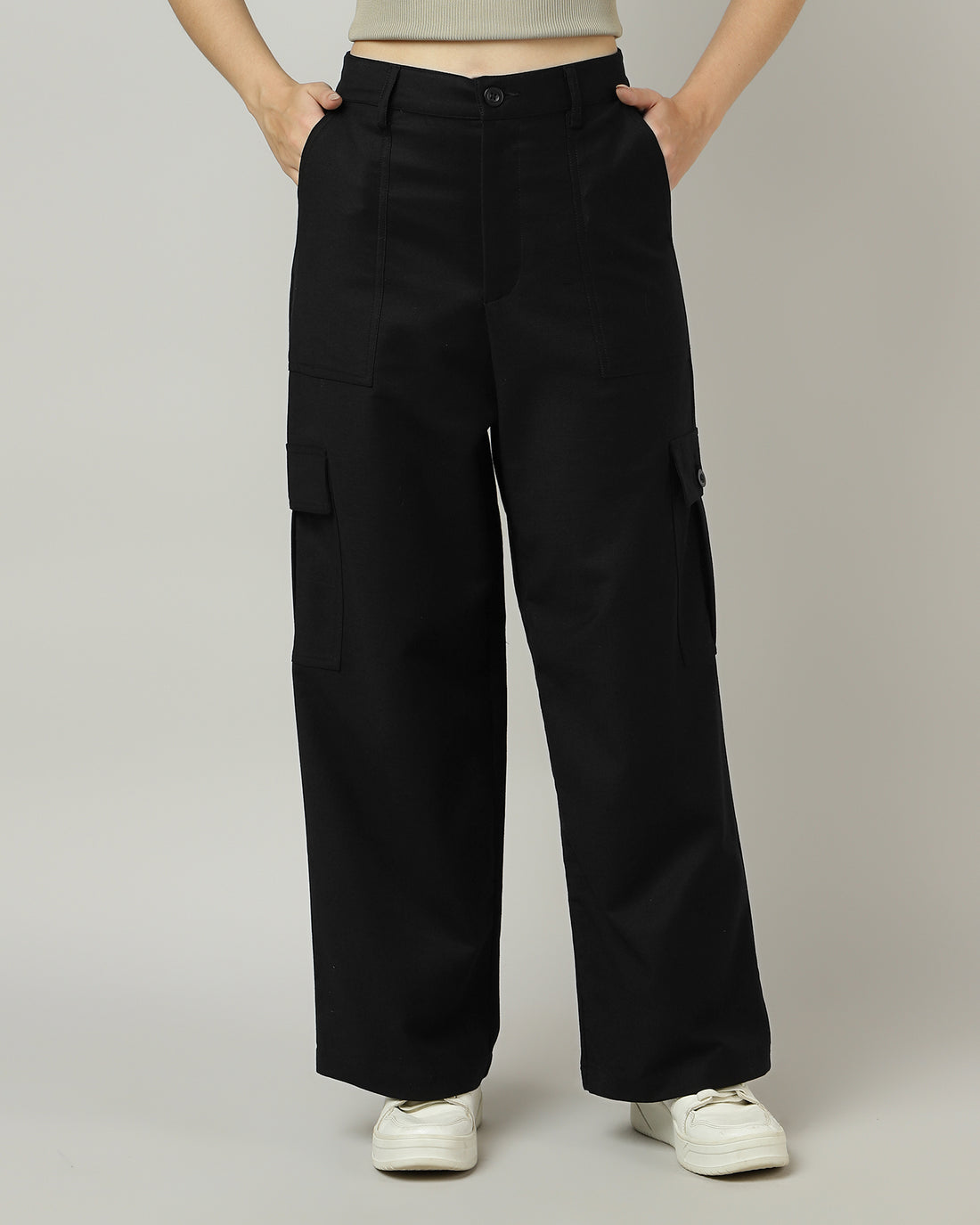 Women’s Black Wide-Leg Cargo Pants with Flap Pockets - 3053