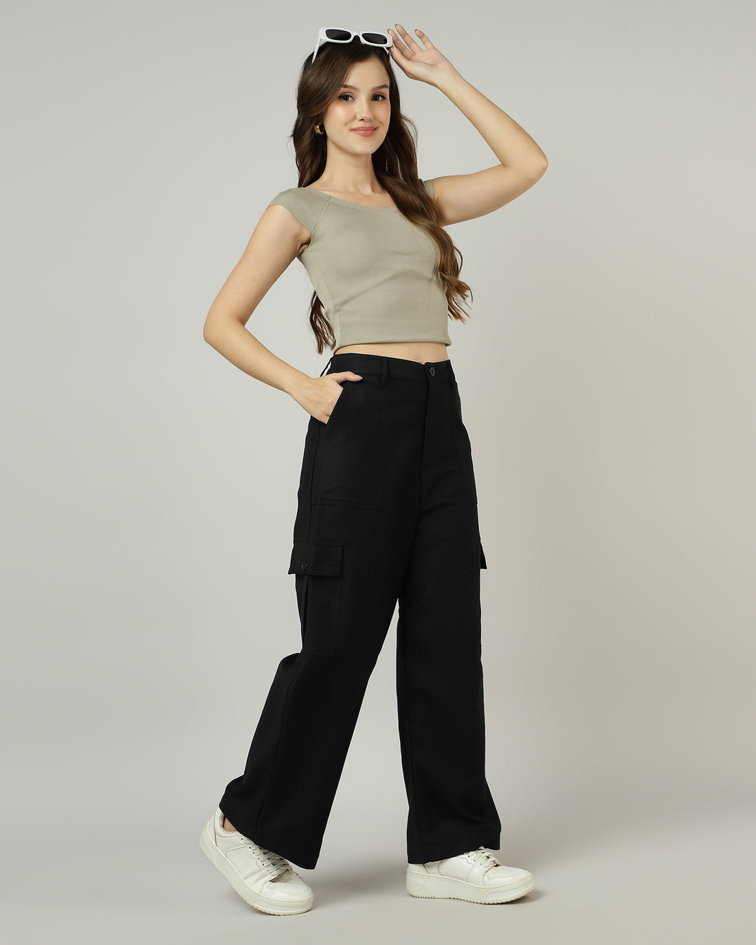 Women’s Black Wide-Leg Cargo Pants with Flap Pockets - 3053