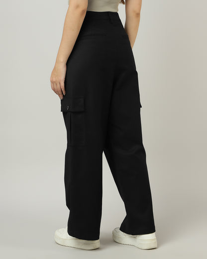 Women’s Black Wide-Leg Cargo Pants with Flap Pockets - 3053