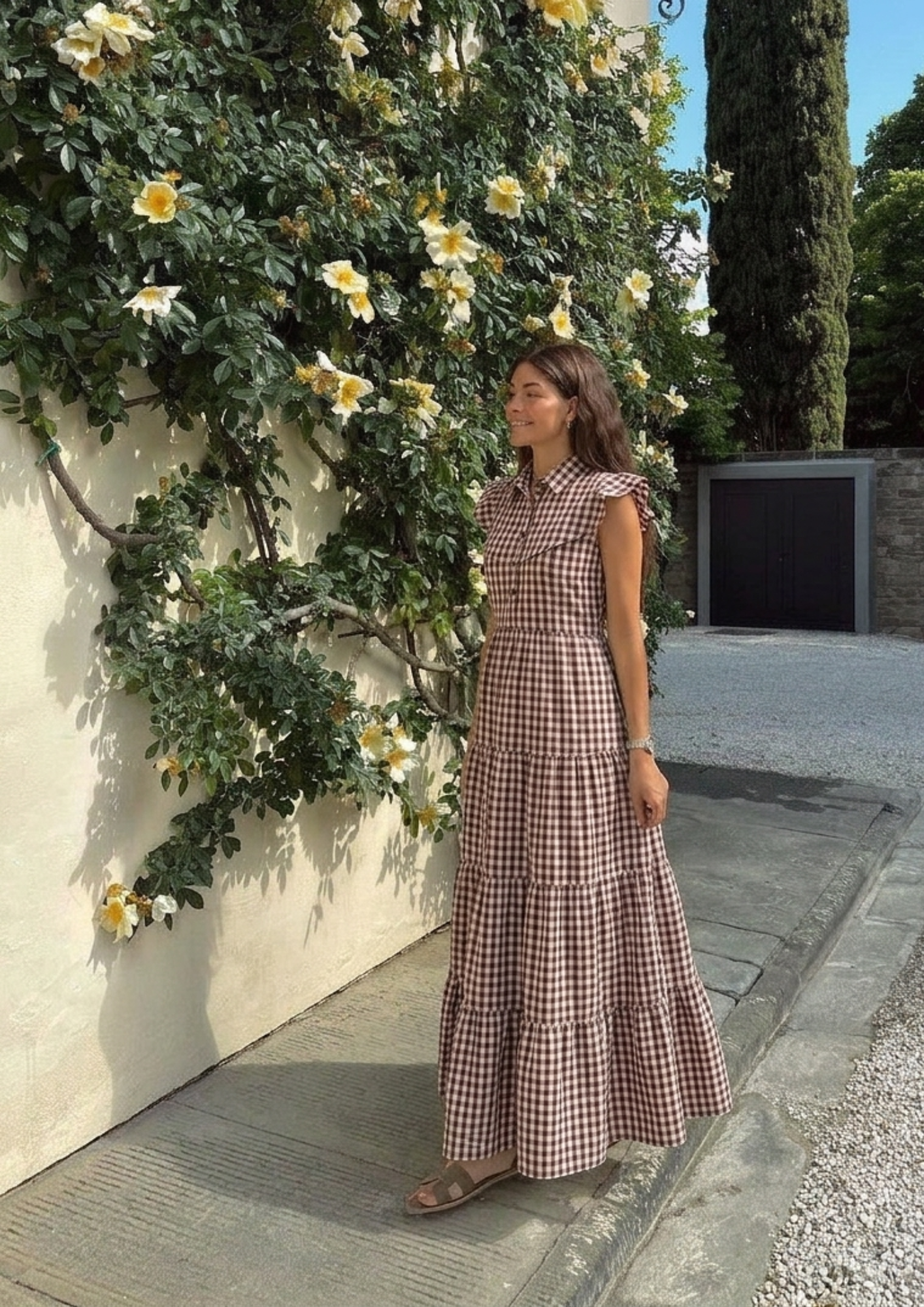 Women’s Maroon Gingham Maxi Dress with 4-Tier Long Double Collar- 2984