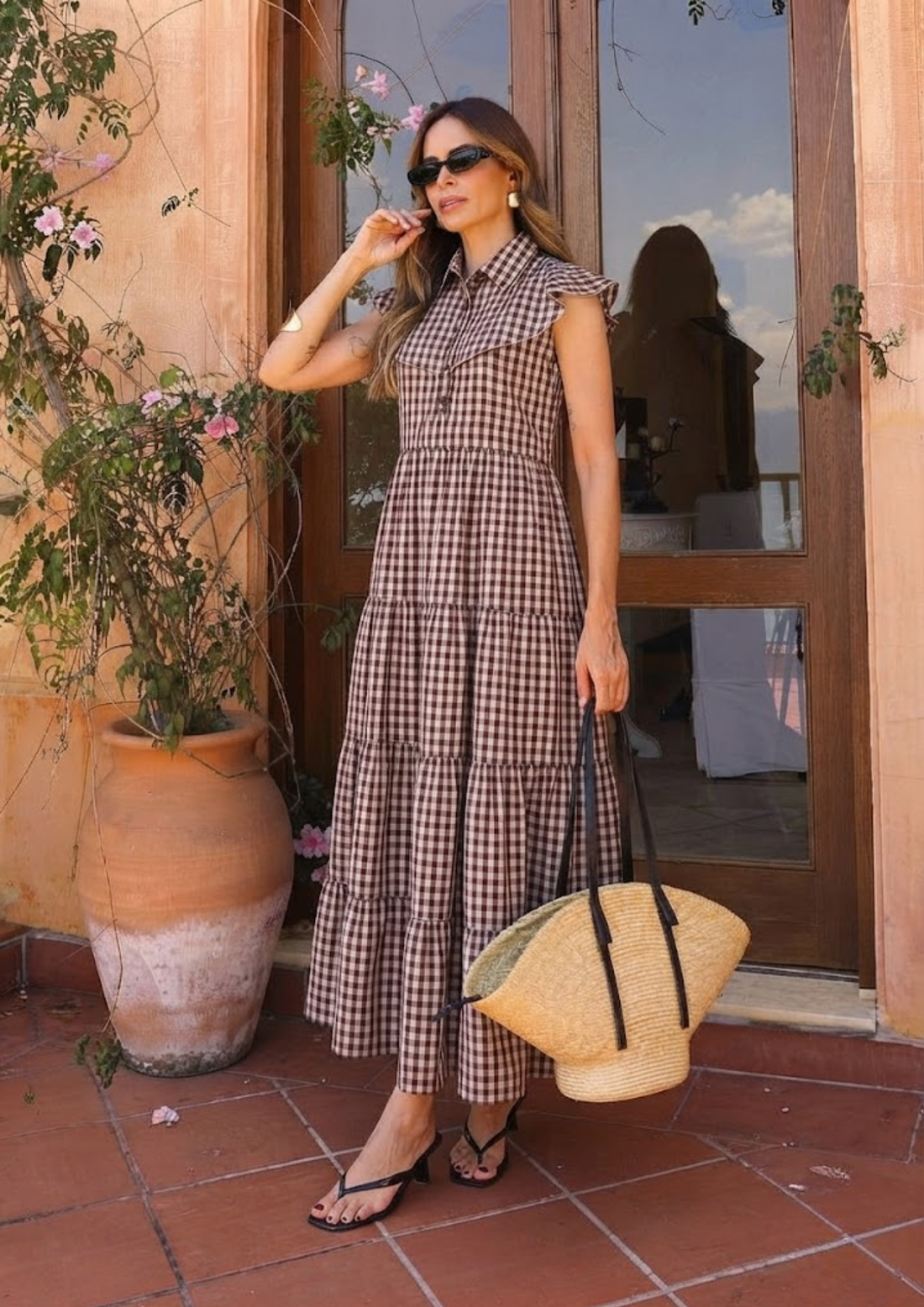 Sands Of India Women’s Maroon Gingham Maxi Dress with 4-Tier Long Double Collar- 2984