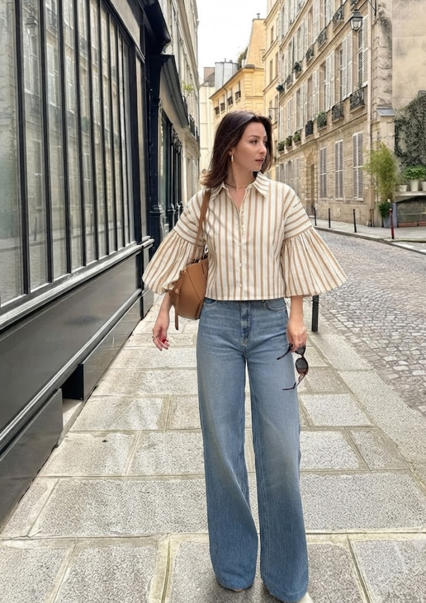 Women’s Striped Bell-Sleeve Crop Shirt  - 2987