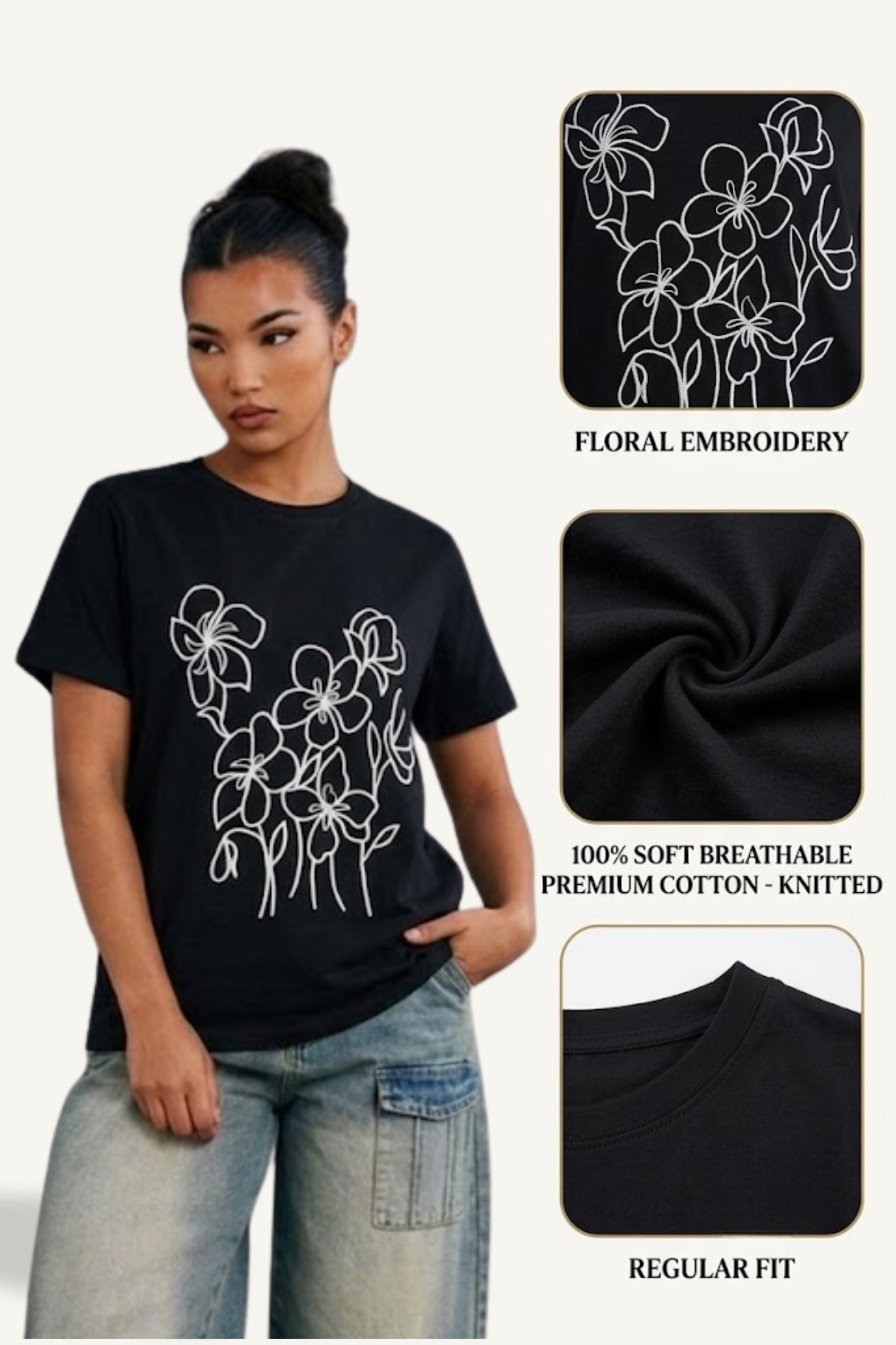 Sands Of India Women’s Floral Embroidered Black Regular Fit T-Shirt - 2990
