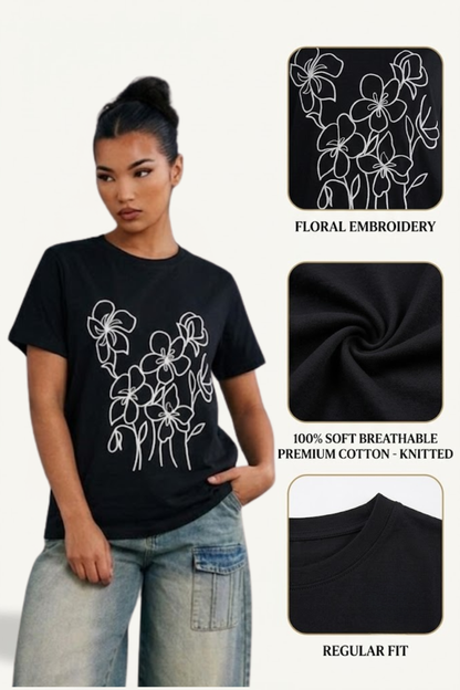 Sands Of India Women’s Floral Embroidered Black Regular Fit T-Shirt - 2990