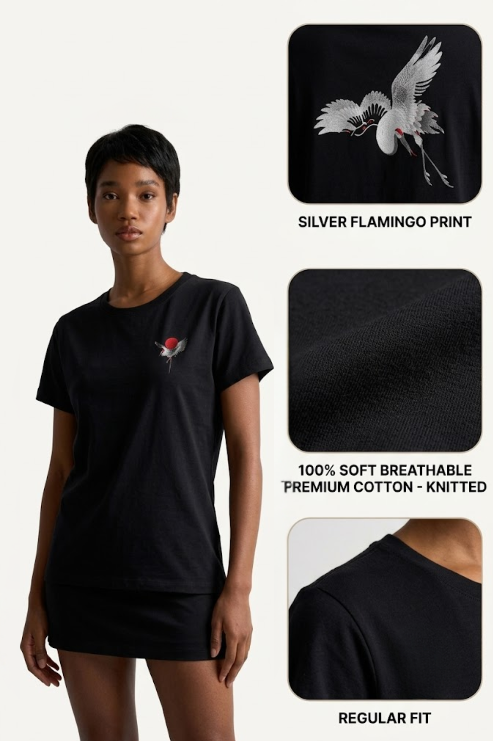 Sands Of India Black Regular T-shirt with Sliver Flamingo print - 2992