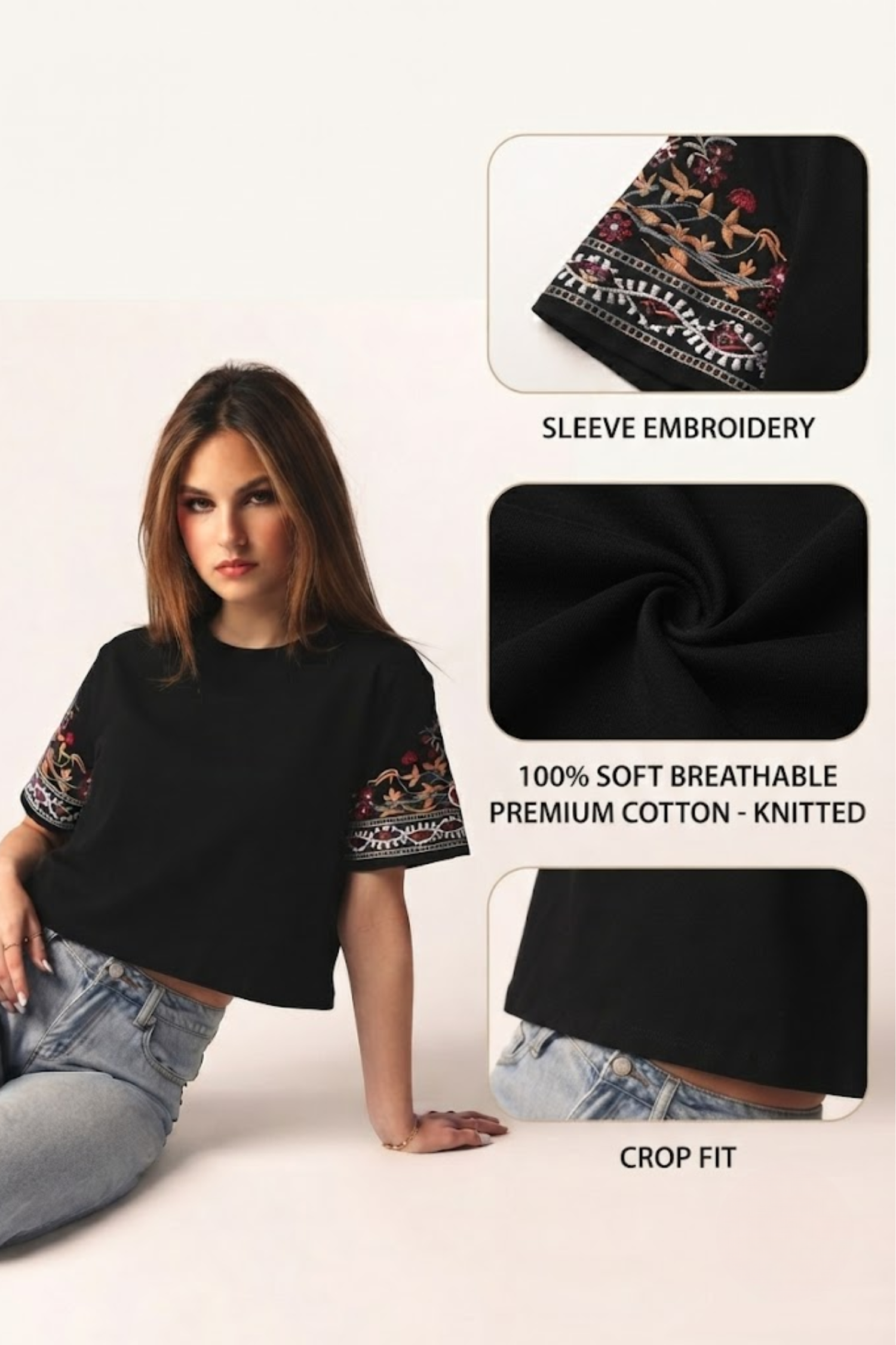 Sands Of India Women’s Black Crop Top with Sleeve Embroidery - 2993