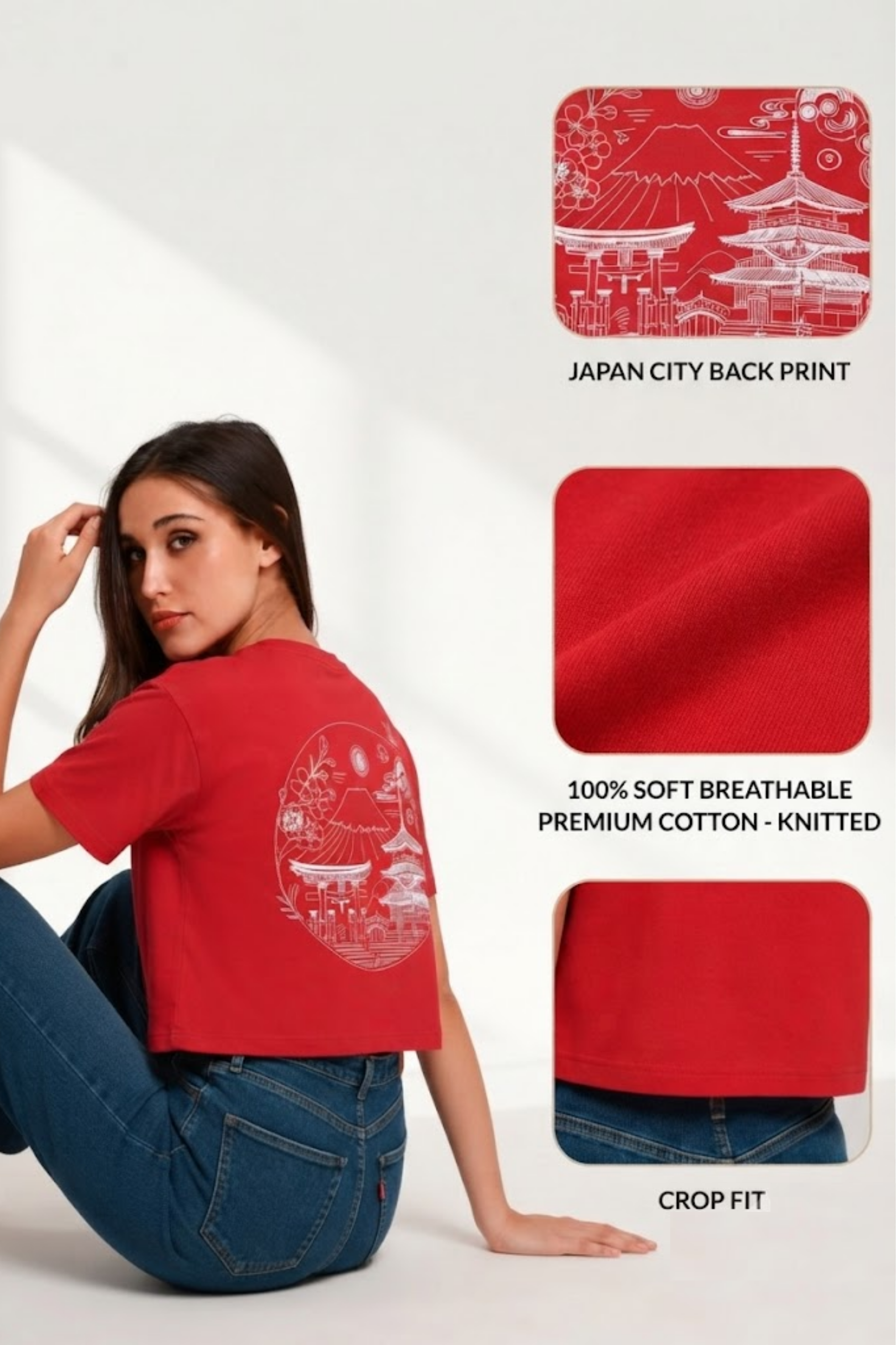 Sands Of India Women’s Red Crop Top with Japan City Back Print - 2994