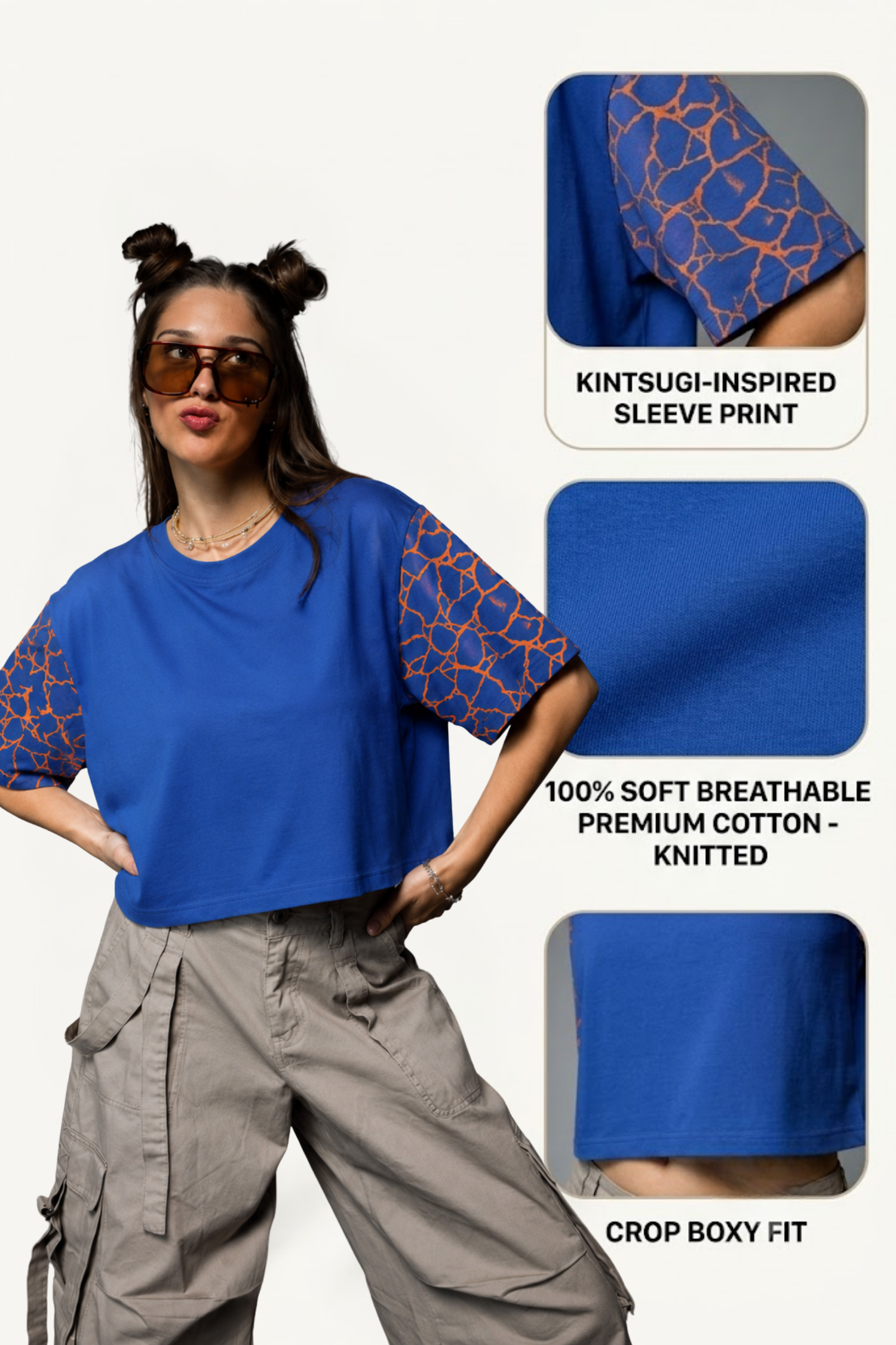 Sands Of India Women’s Blue Crop Top with Kintsugi-Inspired Sleeve Print - 2995