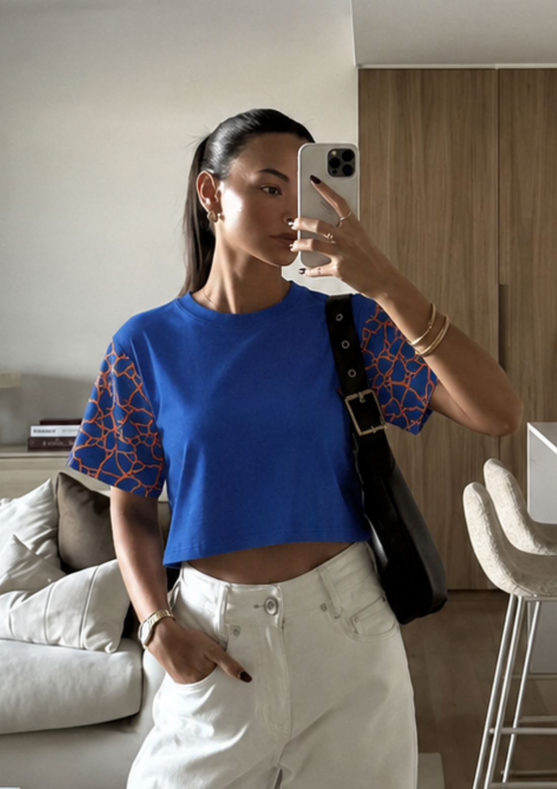 Sands Of India Women’s Blue Crop Top with Kintsugi-Inspired Sleeve Print - 2995