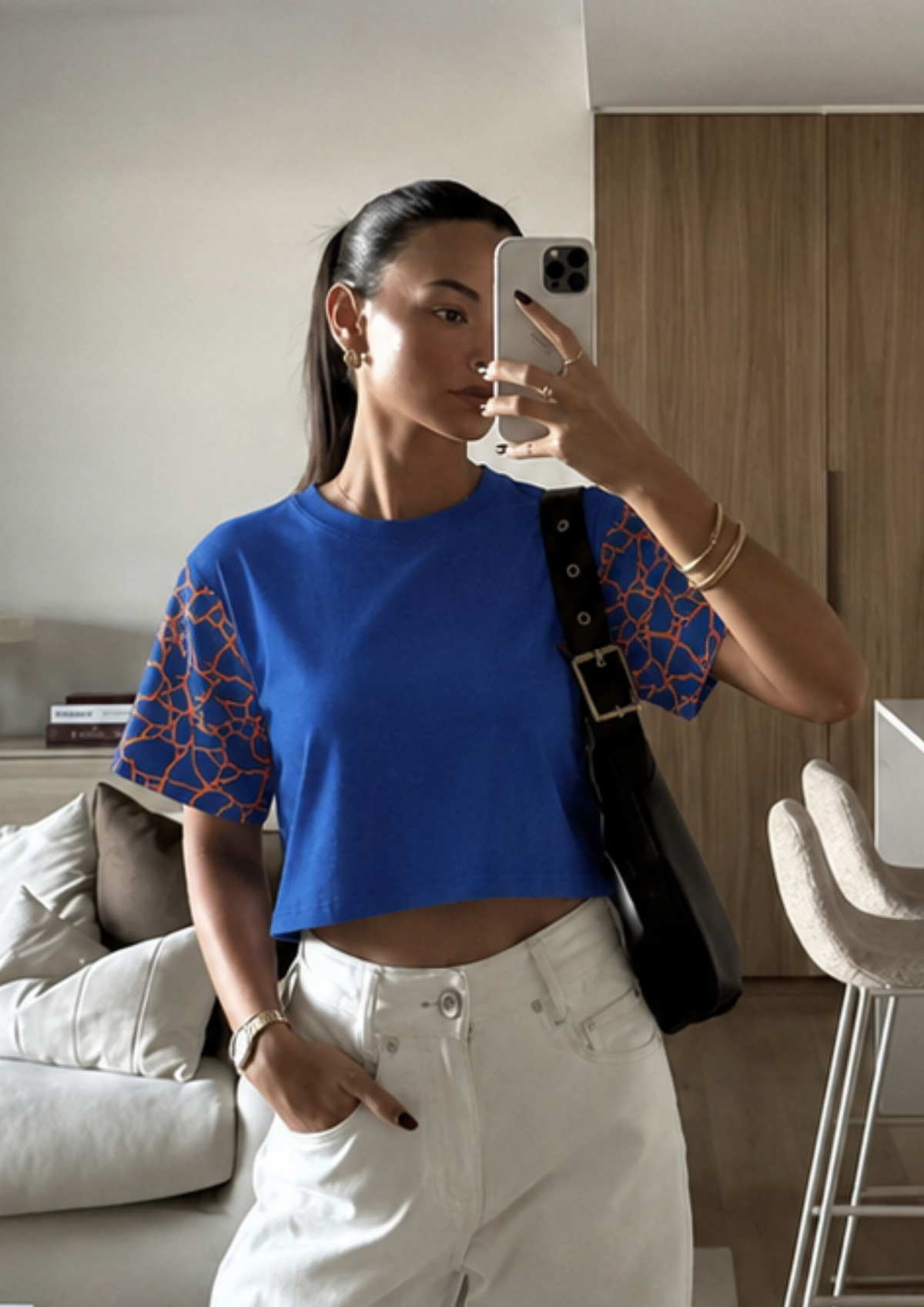 Sands Of India Women’s Blue Crop Top with Kintsugi-Inspired Sleeve Print - 2995