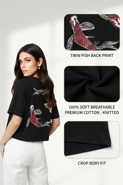 Sands Of India Women’s Black Crop Top with Twin Fish Back Print - 2996