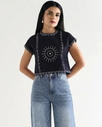 Sands Of India Women’s Blue Cotton Embroidered Top with Relaxed Fit Boxy Crop Top - 3112