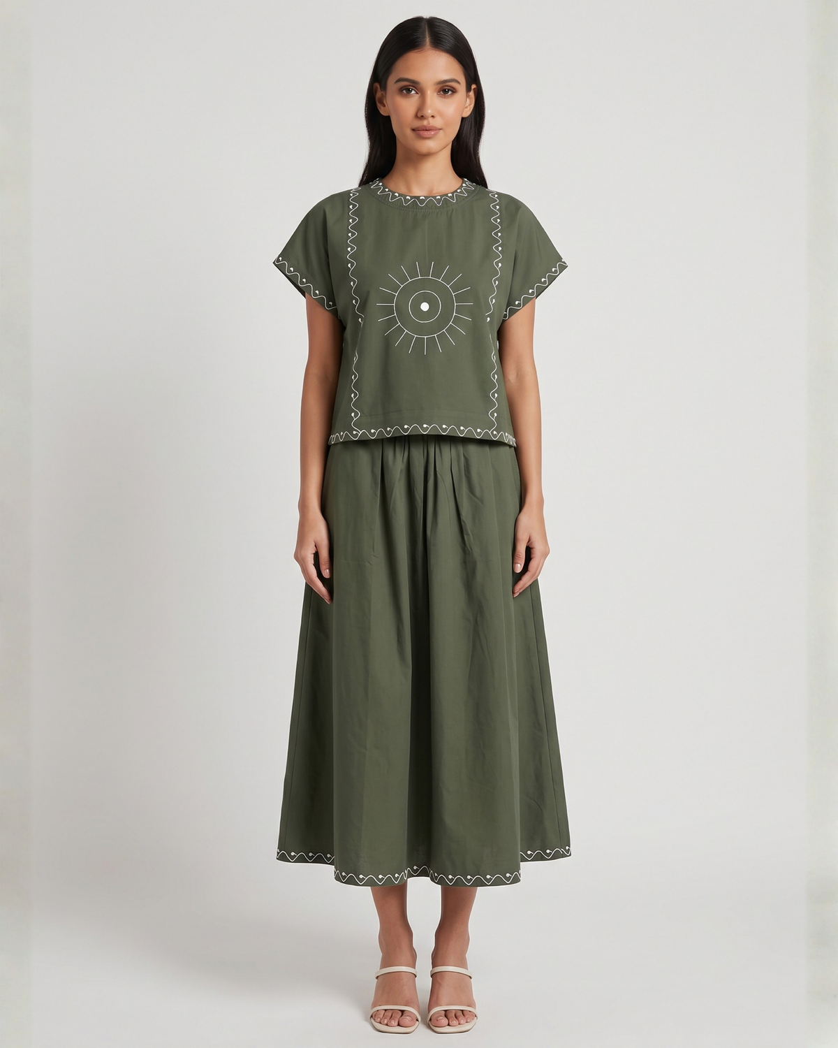 Sands of India Women’s Embroidered Forest Green Boxy Crop Top &amp; A-Line Skirt Co-ord Set - 3154