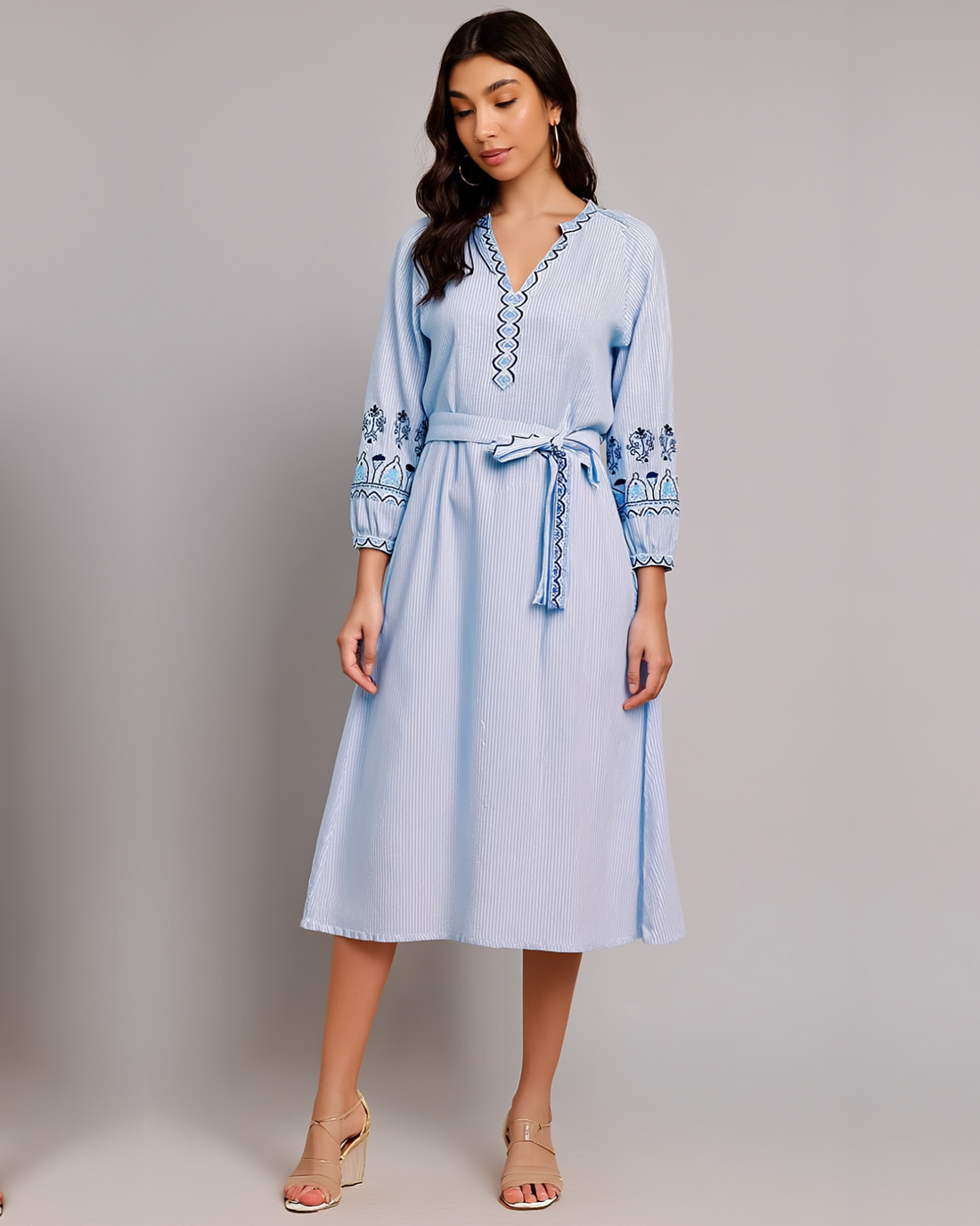 Blue Stripes Embroidered Dress with Detachable Belt - 1571
