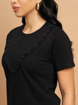 Black T-shirt with a lace neck accent for added charm - 2776