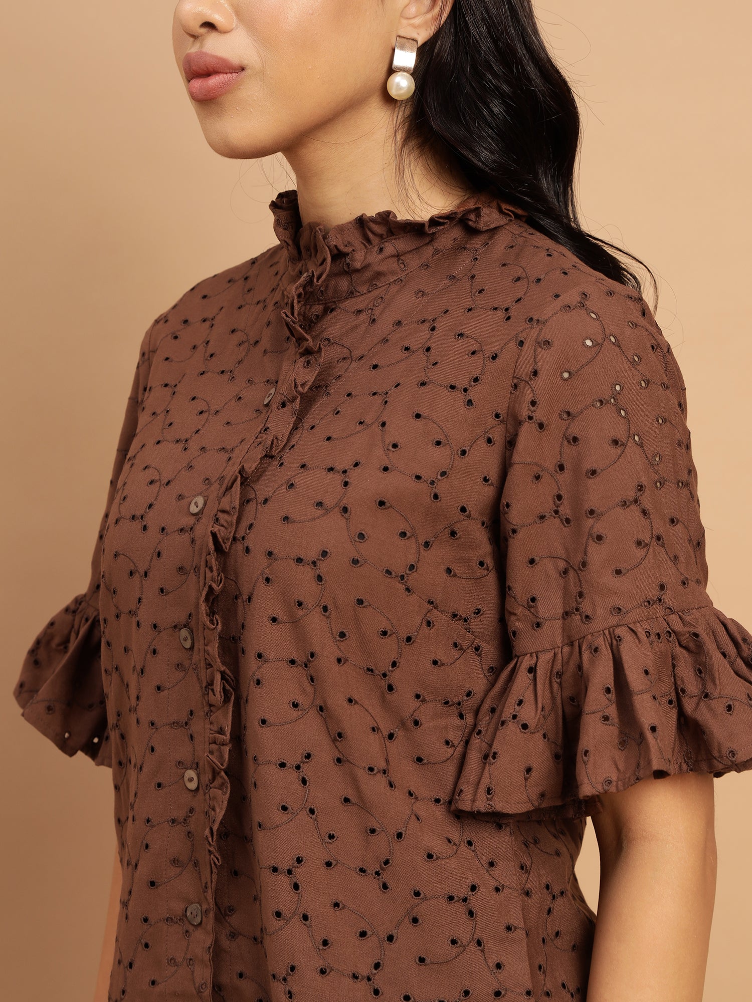 Taupe Schiffli shirt with intricate ruffles and a rich brown color - 2799