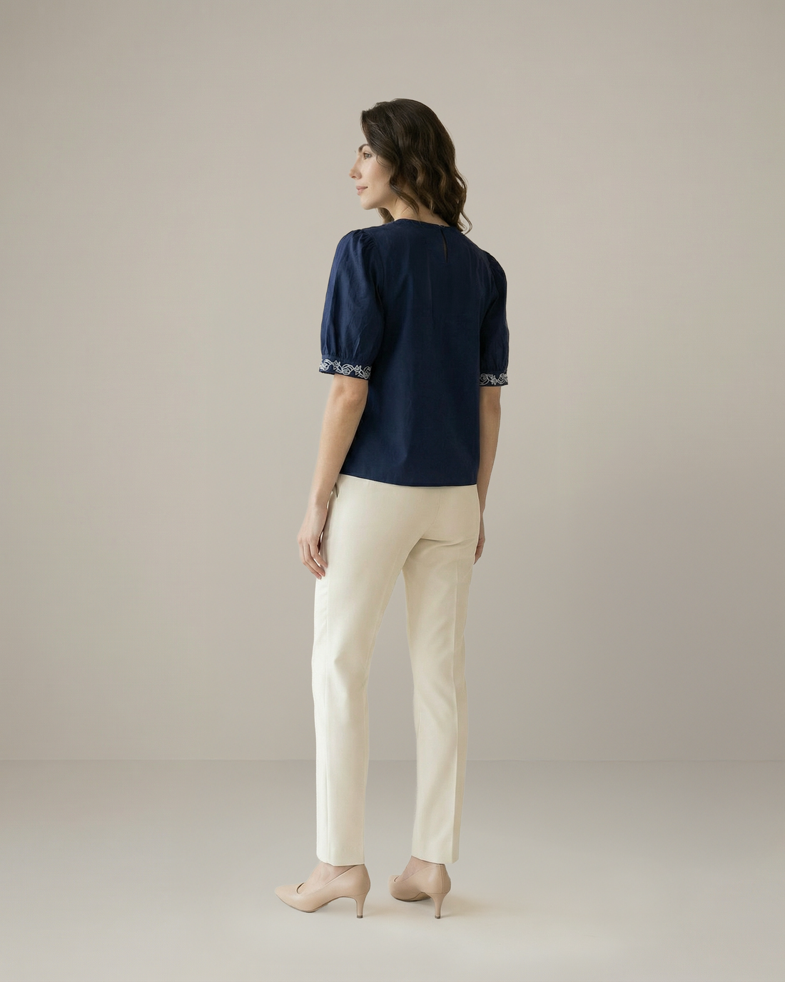 Women’s Embroidered Navy Blue Poplin Regular Fit Top -3106