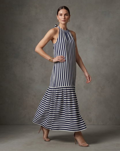Women’s Blue &amp; Off-White Striped Halter Neck Flounce Hem Dress - 3127