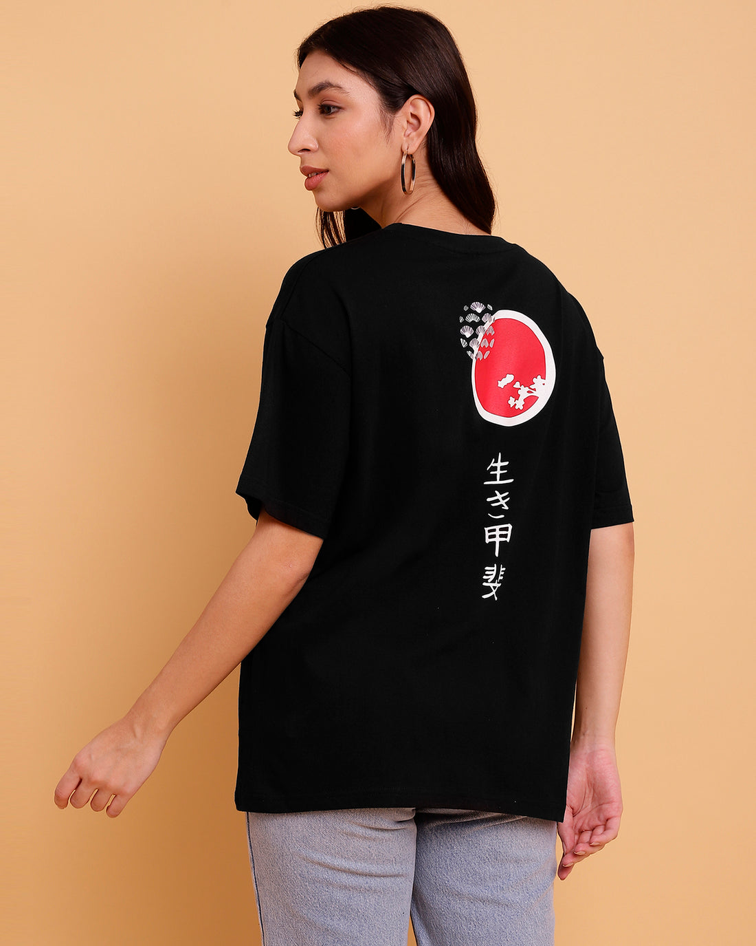 Black oversized top with a striking Ikigai design - 2852