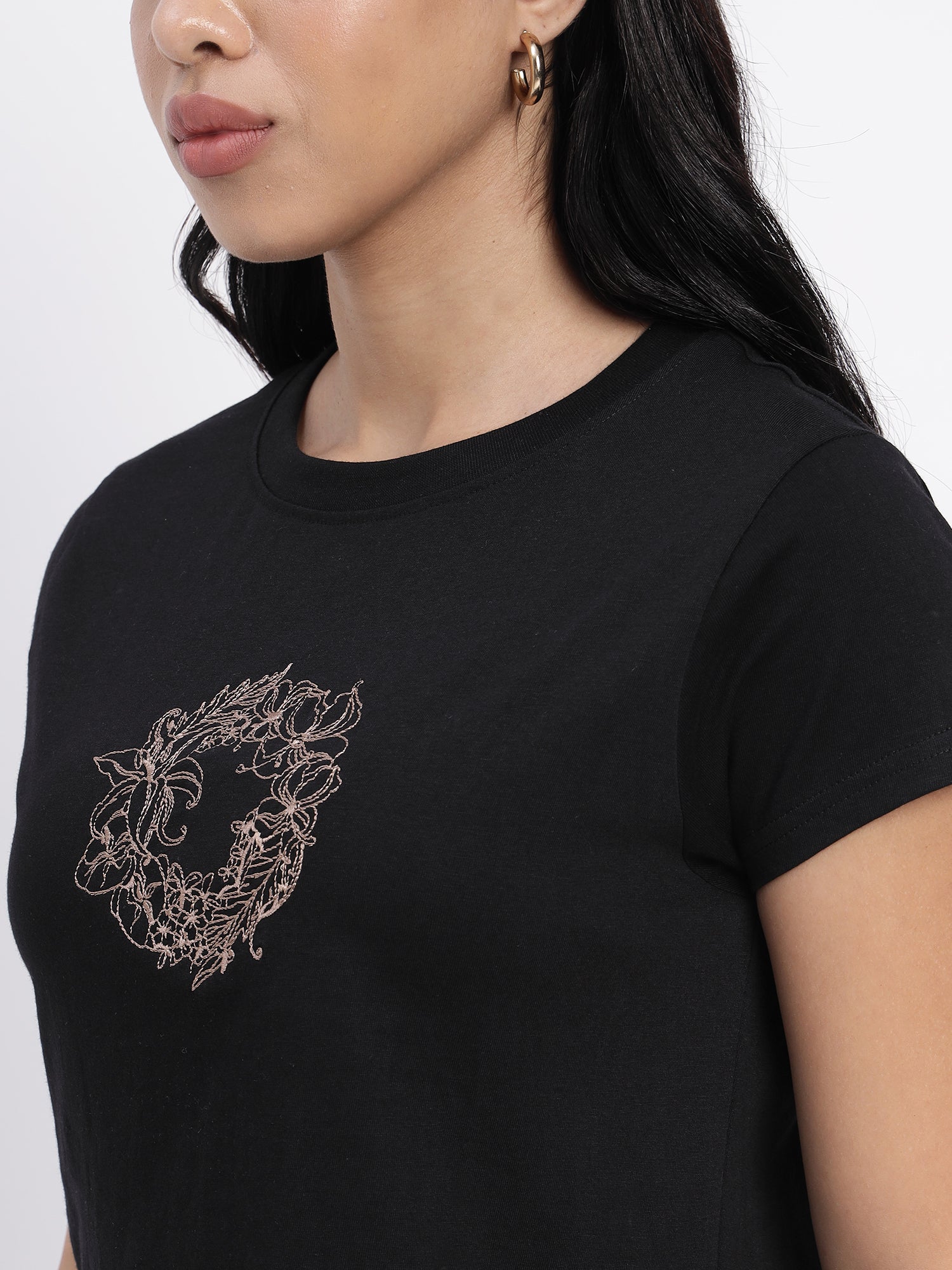 Black Cotton Crop Top with Intricate Embroidery Accents - 2839