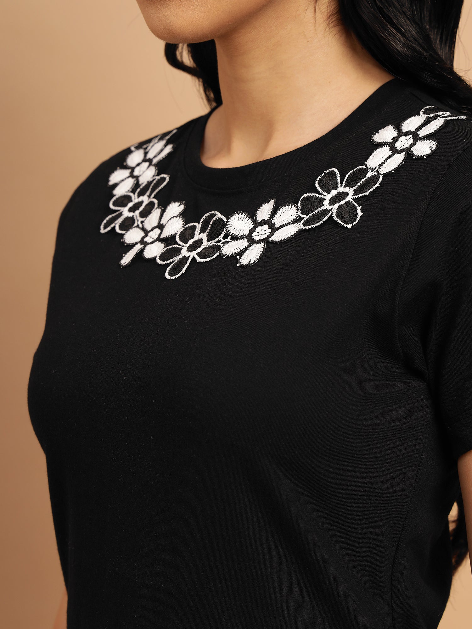 Black Regular Top with Lace Appliqué  - 2775