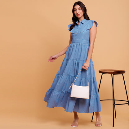 Blue Gingham Tiered Maxi Dress - 2890