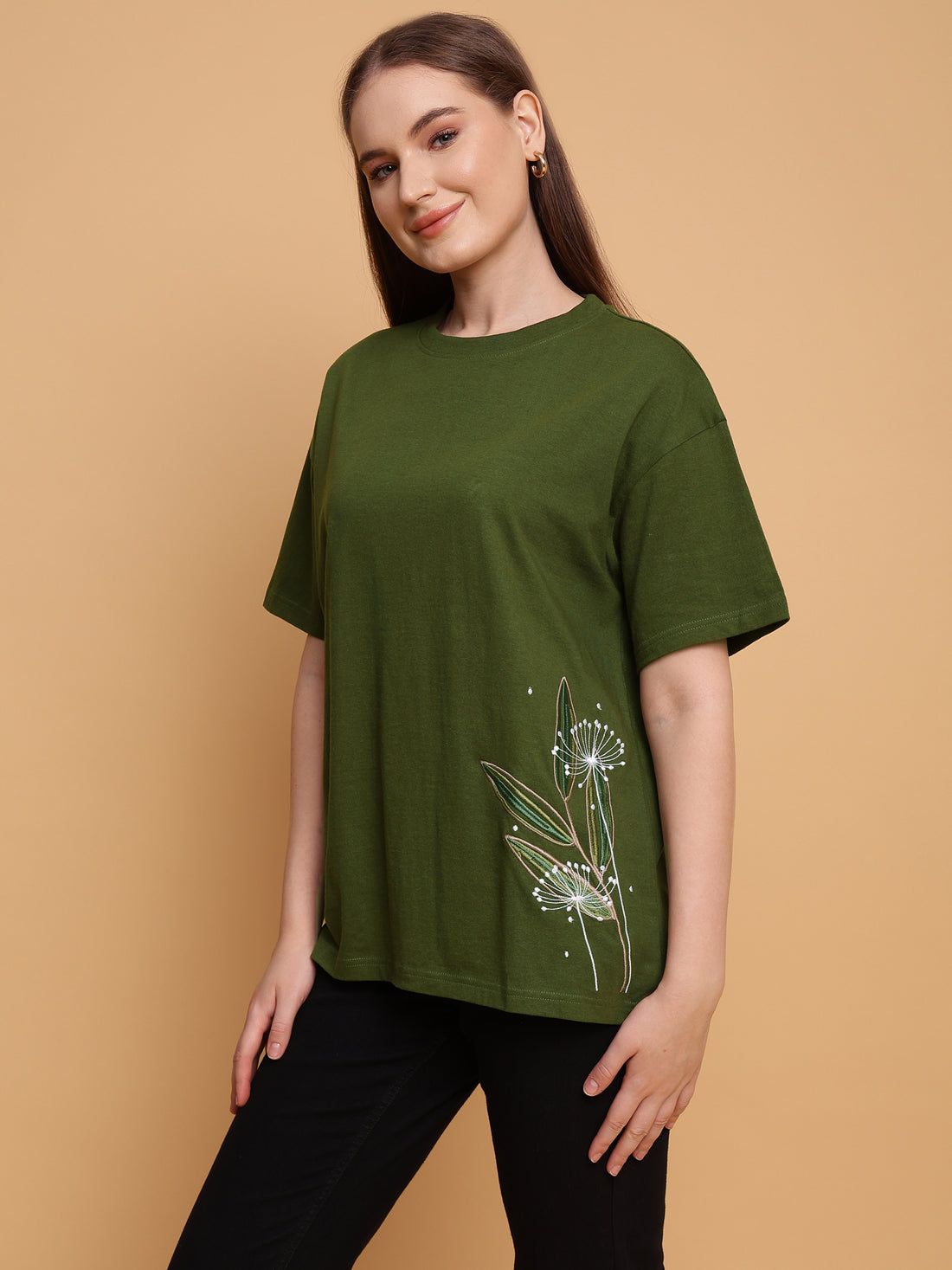 Olive-Colored Oversized Top With A Stunning Floral embroidery - 2851