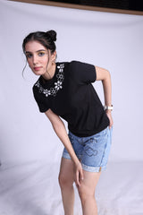 Intricated Floral design black single jersey regular T-shirt - 2775