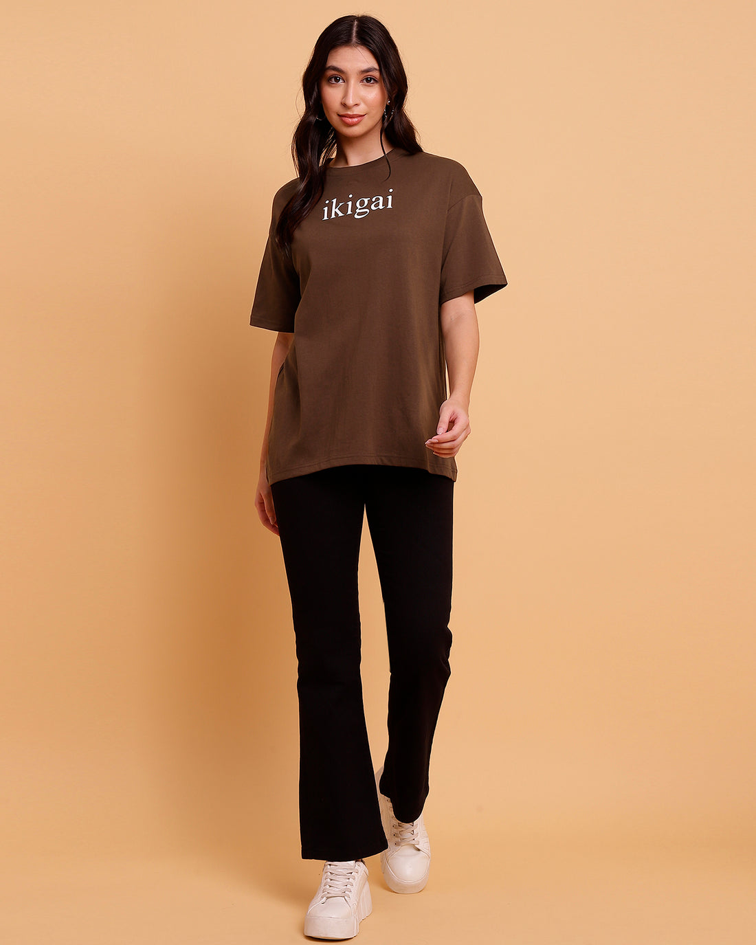 Oversized toffee-colored top featuring a meaningful Ikigai print - 2853