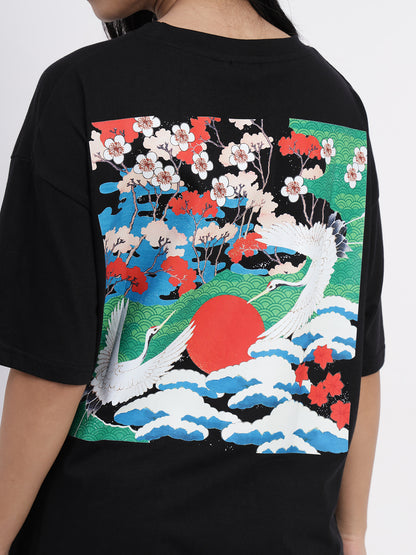 Black Oversize Unisex T-Shirt with Asian Graphic Print -2849