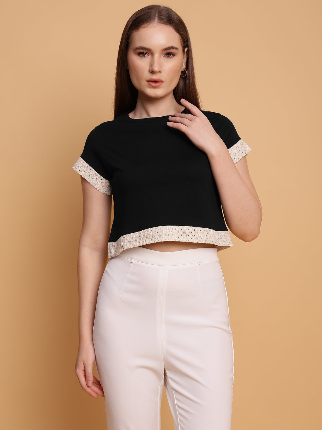 Elegant Lace Crop Top Black Color - 2847