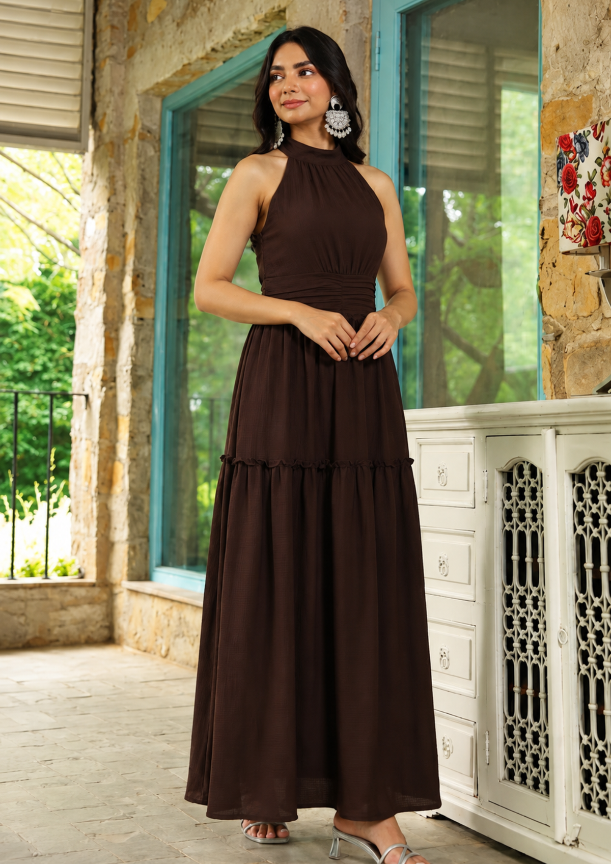 Sands Of India Women’s Brown Halter Neck Gathered Evening Maxi Dress - 3032