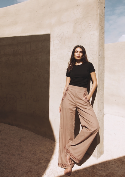 Women’s Mocha Embroidered Wide-Leg Trousers – Elegant Casual Pants- 3041