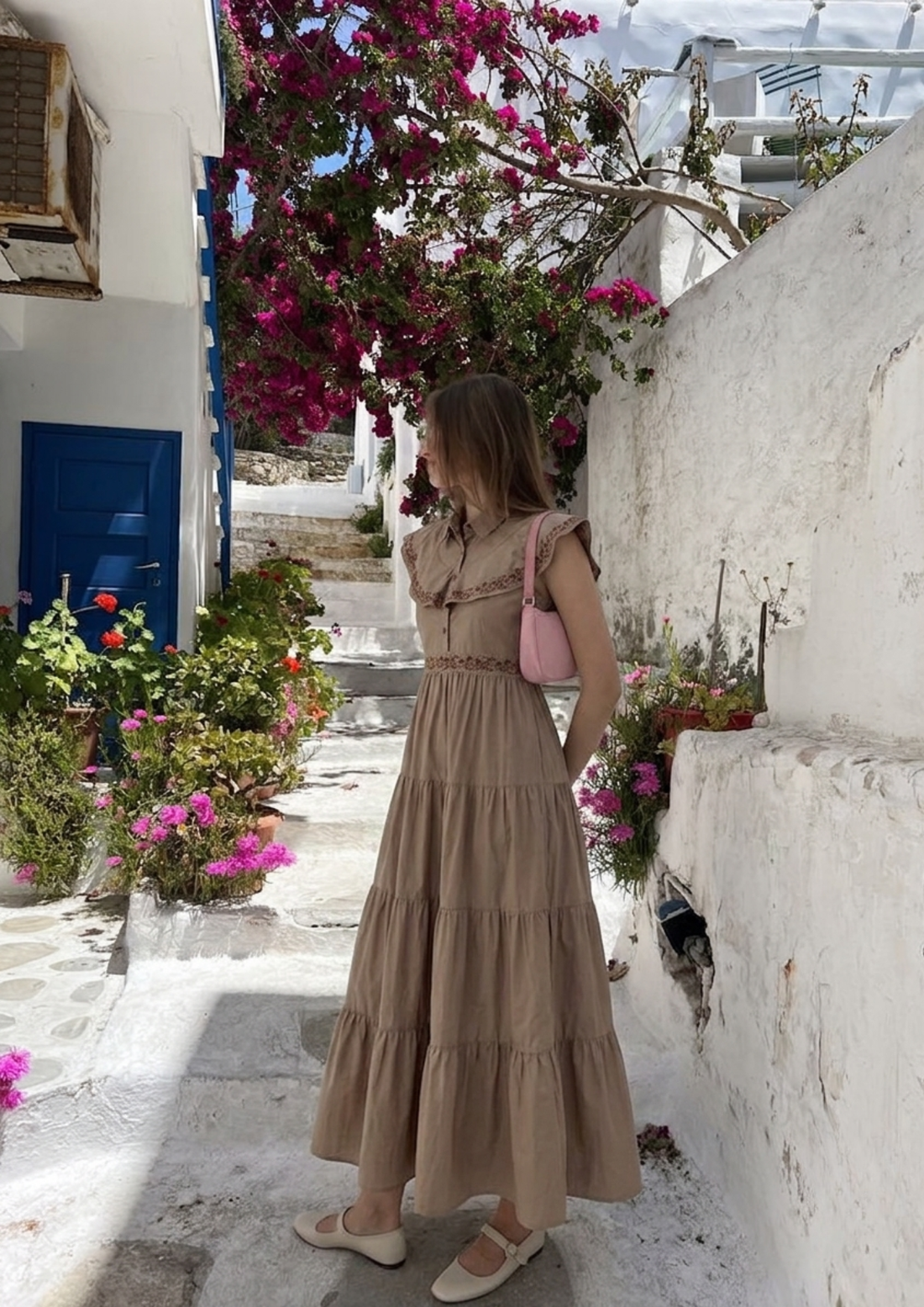 Women’s Mocha Tiered Embroidered Maxi Dress- 3044