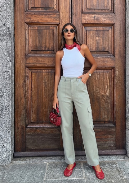 Women’s Sage Green Wide-Leg Cargo Pants with Flap Pockets - 3052