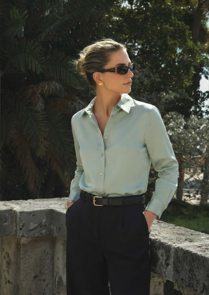 Women’s Pastel Green Cotton Satin Regular Fit Shirt- 3067