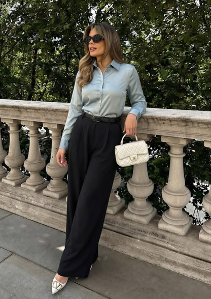 Women’s Pastel Blue Cotton Satin Regular Fit Shirt- 3068