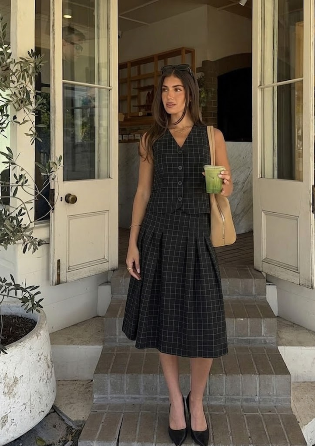 Black checkered Vest with Pleated A-line Skirt Co-ord set - 3073