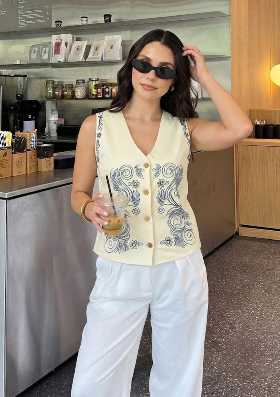 Sands Of India Women’s Blue Embroidered V-Neck Ivory Waistcoat Vest -3076