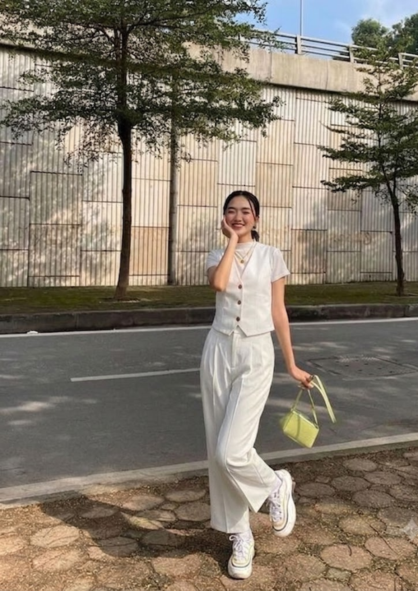 Off-White V-neck vest with Korean pants Co-ord set - 3077