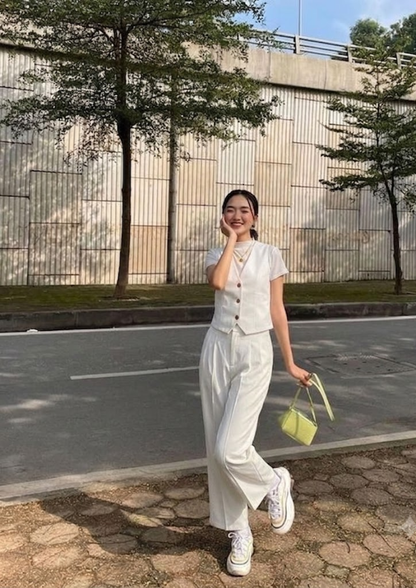 Off-White V-neck vest with Korean pants Co-ord set - 3077