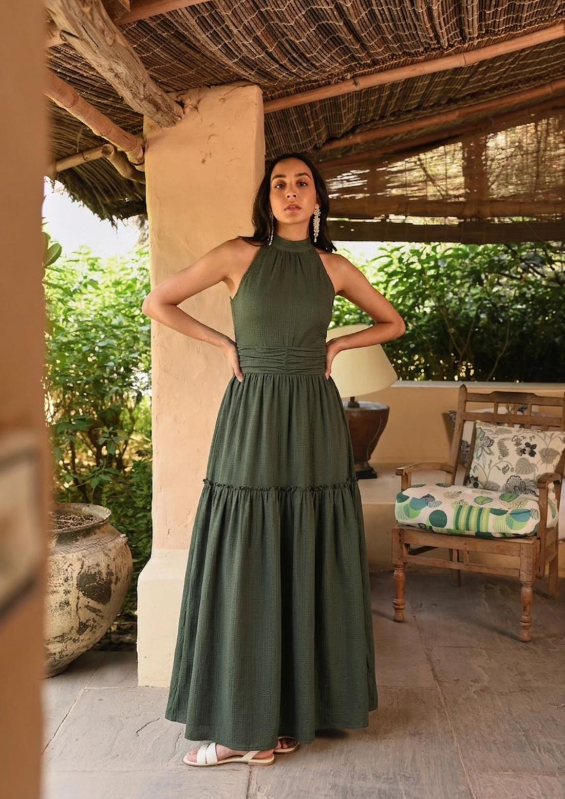 Sands Of India Women’s Olive Halter Neck Gathered Maxi Dress-3079