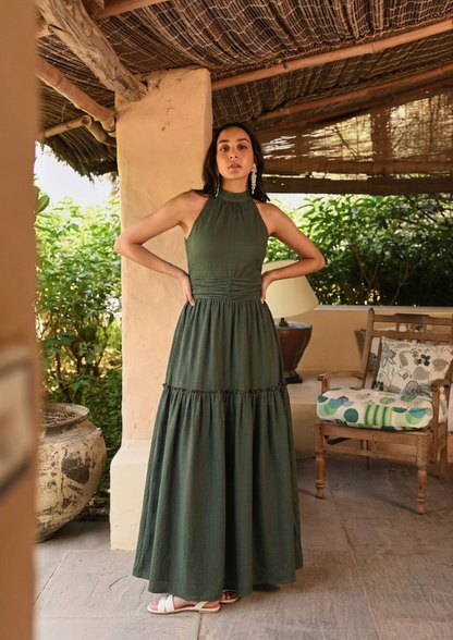 Sands Of India Women’s Olive Halter Neck Gathered Maxi Dress-3079