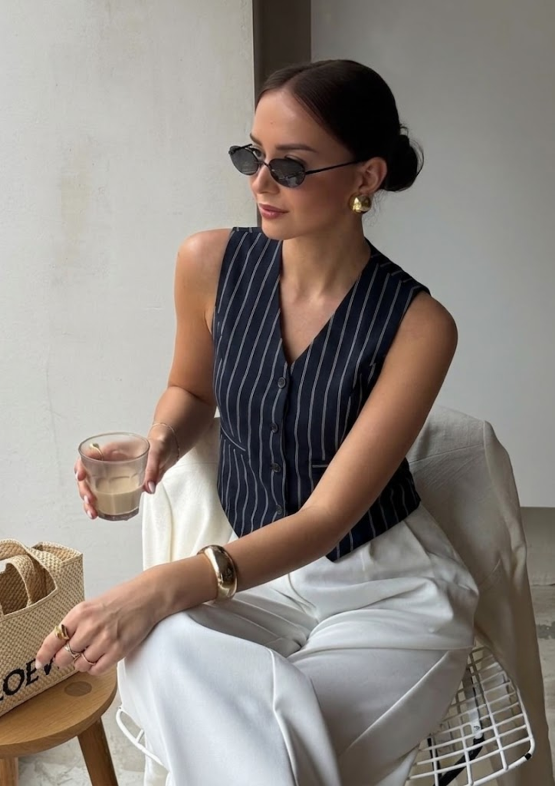 Women’s White &amp; Blue Striped Sleeveless V-Neck Waistcoat Vest -  3084